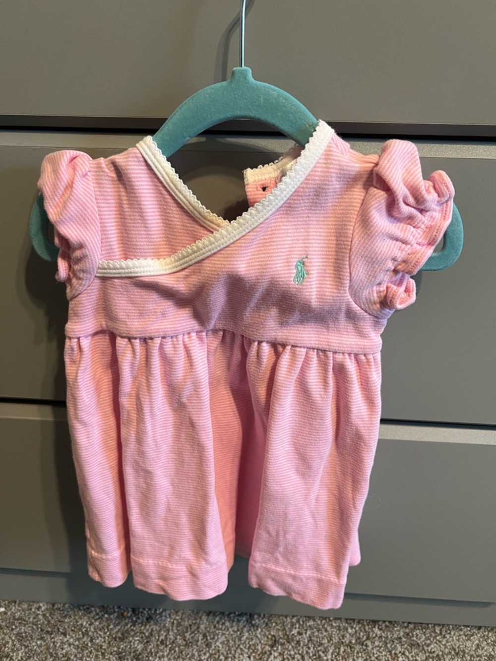 Ralph Lauren Pink Striped Baby Polo Dress with White Trim